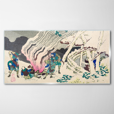 Glasbild Winterlandschaft mit Menschen am Lagerfeuer