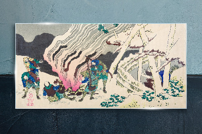 Glasbild Winterlandschaft mit Menschen am Lagerfeuer