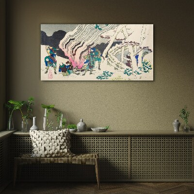 Glasbild Winterlandschaft mit Menschen am Lagerfeuer