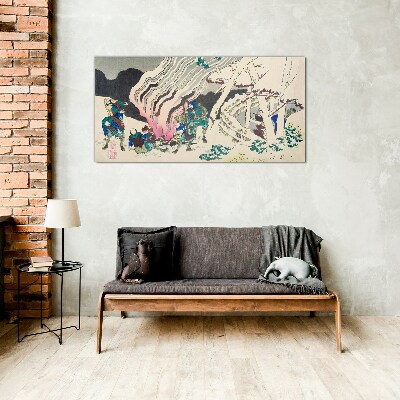 Glasbild Winterlandschaft mit Menschen am Lagerfeuer