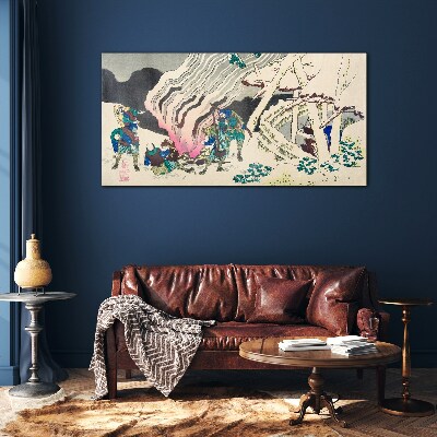 Glasbild Winterlandschaft mit Menschen am Lagerfeuer
