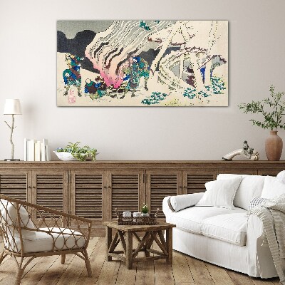 Glasbild Winterlandschaft mit Menschen am Lagerfeuer