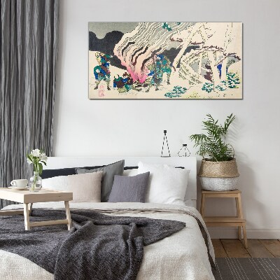 Glasbild Winterlandschaft mit Menschen am Lagerfeuer