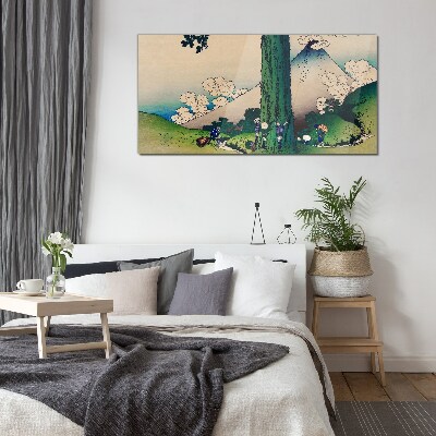 Bild auf glas Japanisches Dorf mit Vulkan