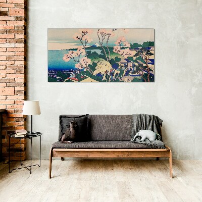 Glasbild Frühlingslandschaft mit Berg Fuji