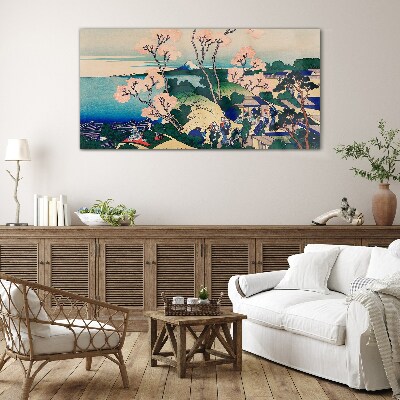 Glasbild Frühlingslandschaft mit Berg Fuji