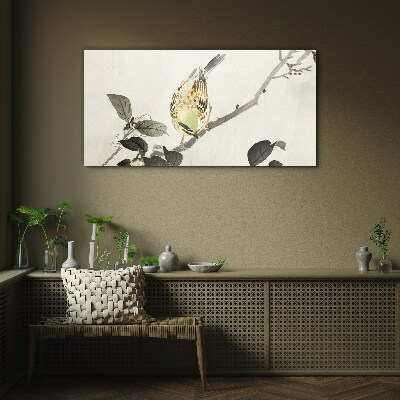 Glasbild Goldener Vogel auf einem Ast