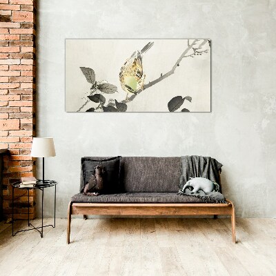 Glasbild Goldener Vogel auf einem Ast