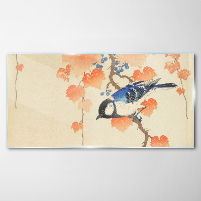 Glasbild Vogel auf einem Weinrebenhintergrund