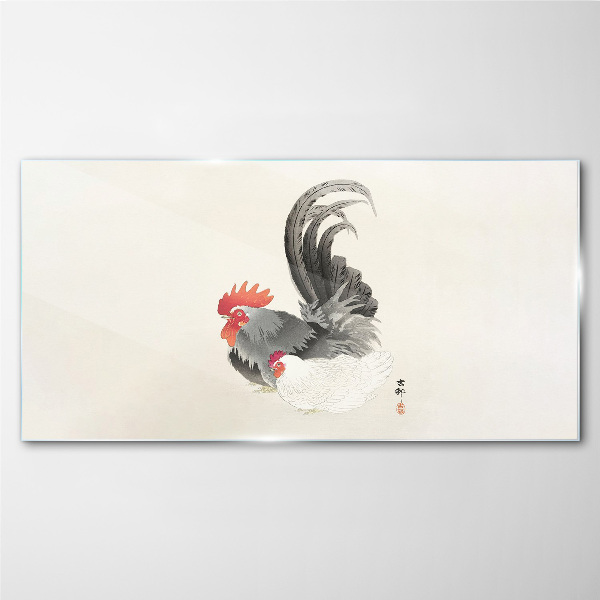 Glasbild Hahn und Henne im japanischen Stil