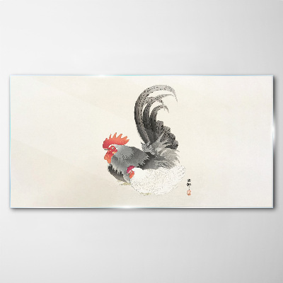 Glasbild Hahn und Henne im japanischen Stil