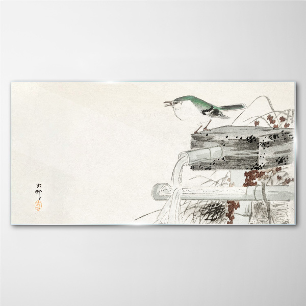 Glasbild Ein Vogel vor einer japanischen Landschaft