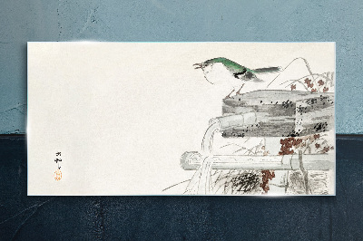Glasbild Ein Vogel vor einer japanischen Landschaft