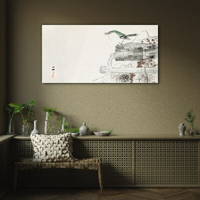 Glasbild Ein Vogel vor einer japanischen Landschaft