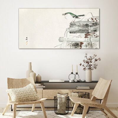 Glasbild Ein Vogel vor einer japanischen Landschaft