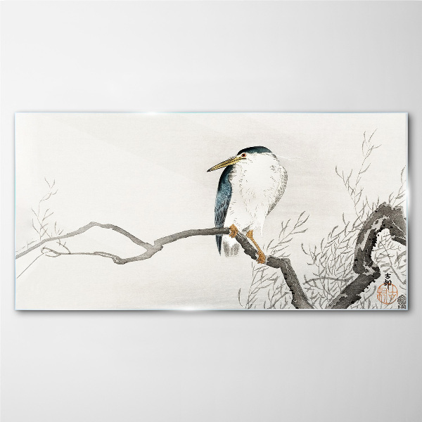 Glasbild Ein Vogel auf einem Ast in einer zarten Landschaft