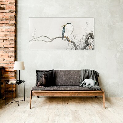 Glasbild Ein Vogel auf einem Ast in einer zarten Landschaft