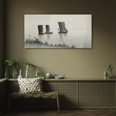 Glasbild Ein ruhiger Hafen in Grautönen