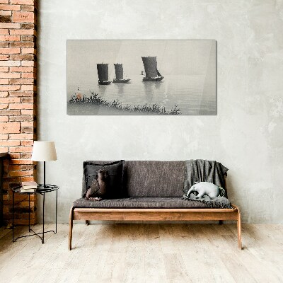 Glasbild Ein ruhiger Hafen in Grautönen