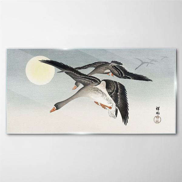 Glasbild Gänse im Flug unter dem Vollmond