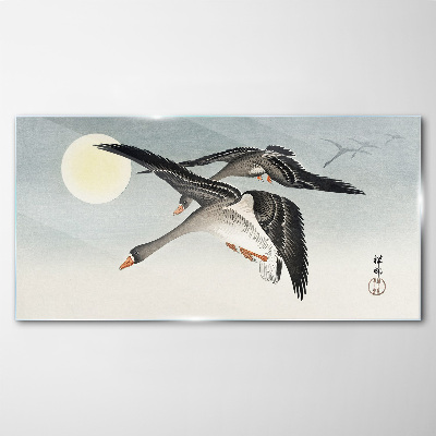 Glasbild Gänse im Flug unter dem Vollmond