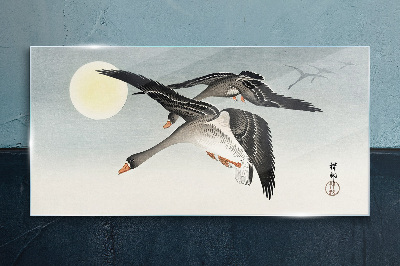 Glasbild Gänse im Flug unter dem Vollmond