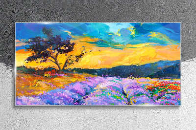 Glasbild Landschaft in Sonnenuntergangsfarben