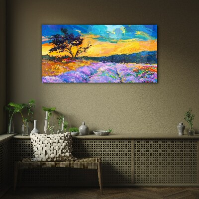 Glasbild Landschaft in Sonnenuntergangsfarben