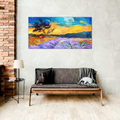 Glasbild Landschaft in Sonnenuntergangsfarben