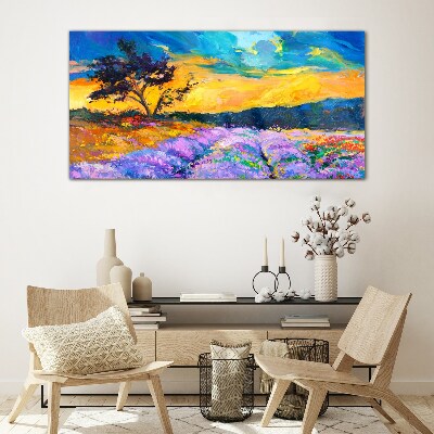 Glasbild Landschaft in Sonnenuntergangsfarben