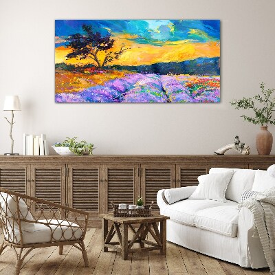 Glasbild Landschaft in Sonnenuntergangsfarben
