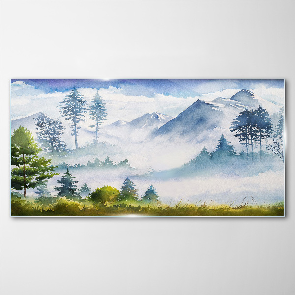 Glasbild Berglandschaft im Morgennebel