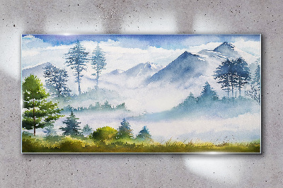 Glasbild Berglandschaft im Morgennebel