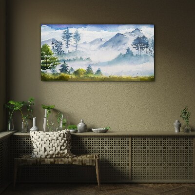 Glasbild Berglandschaft im Morgennebel