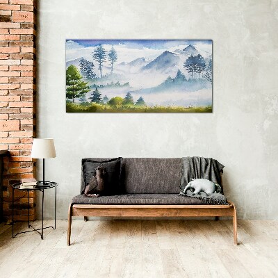 Glasbild Berglandschaft im Morgennebel