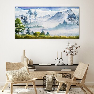 Glasbild Berglandschaft im Morgennebel