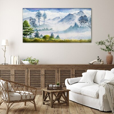 Glasbild Berglandschaft im Morgennebel