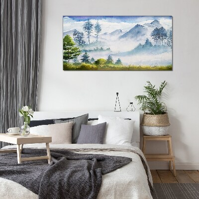 Glasbild Berglandschaft im Morgennebel