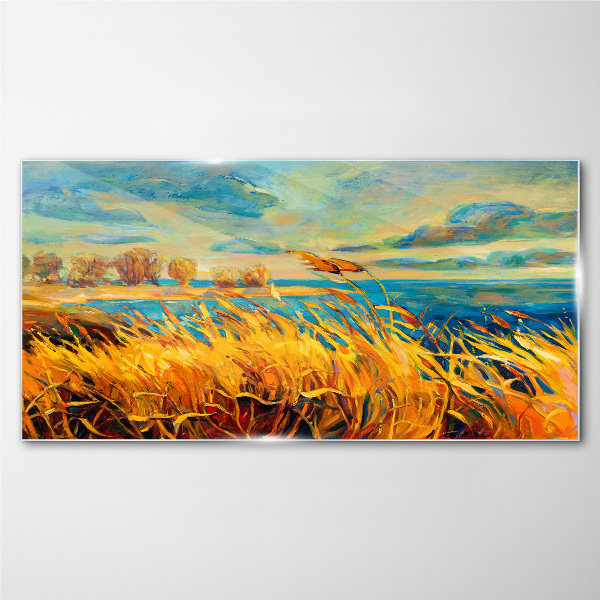 Glasbild Goldenes Gras über blauem Wasser
