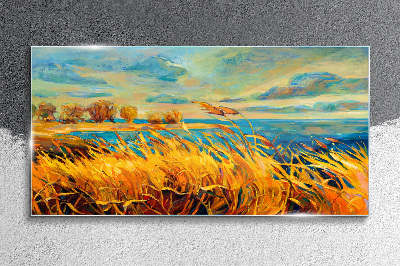Glasbild Goldenes Gras über blauem Wasser