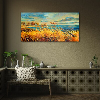Glasbild Goldenes Gras über blauem Wasser