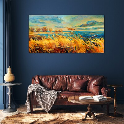 Glasbild Goldenes Gras über blauem Wasser