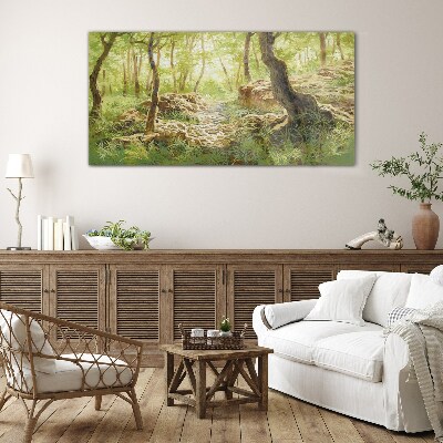 Glasbild Grüne Waldlandschaft mit Steinen