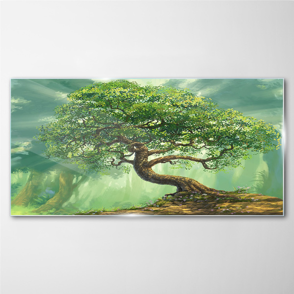 Glasbild Eine grüne Ecke mit einem Zauberbaum