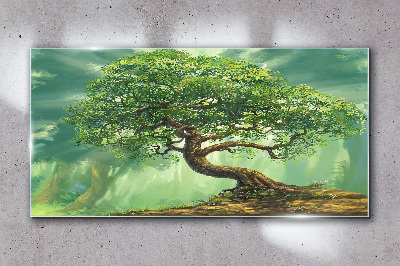 Glasbild Eine grüne Ecke mit einem Zauberbaum
