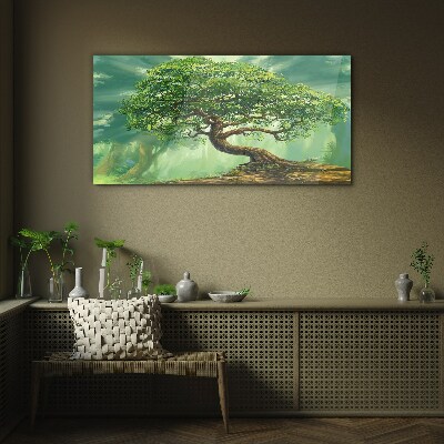 Glasbild Eine grüne Ecke mit einem Zauberbaum