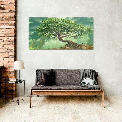 Glasbild Eine grüne Ecke mit einem Zauberbaum