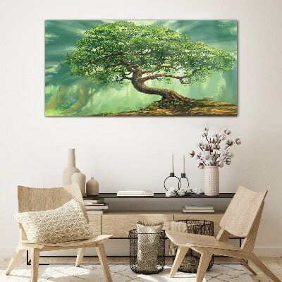 Glasbild Eine grüne Ecke mit einem Zauberbaum