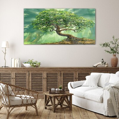Glasbild Eine grüne Ecke mit einem Zauberbaum
