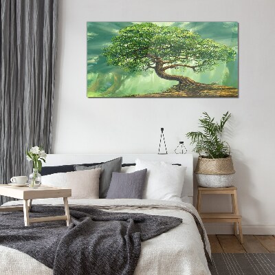 Glasbild Eine grüne Ecke mit einem Zauberbaum